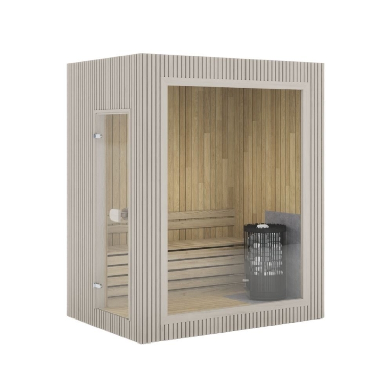 The Jonas Mini two-person outdoor sauna with its glass front and 6 kW heater