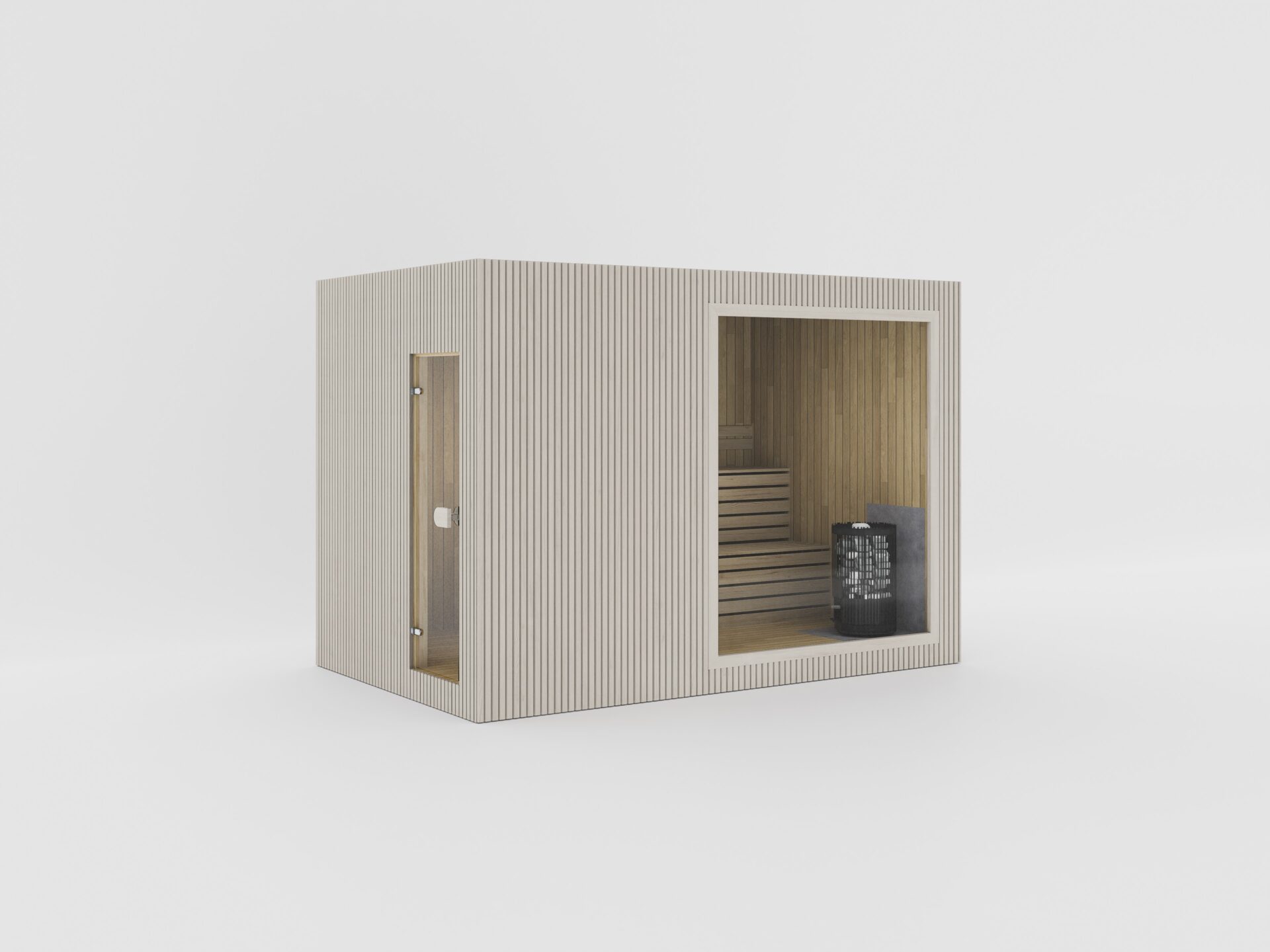 Compact beige wooden sauna cabin with open front revealing benches and a heater.