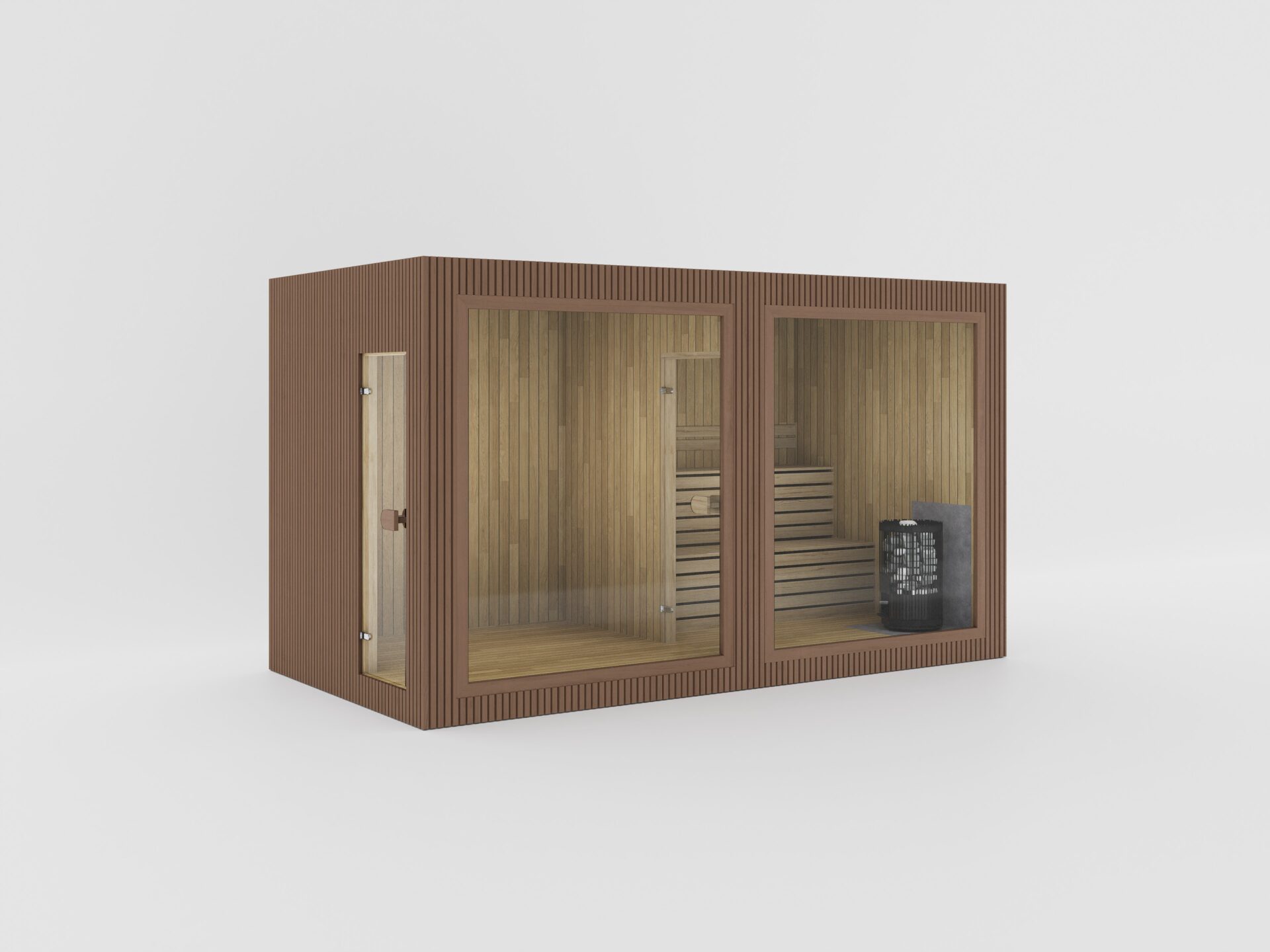 Compact beige wooden sauna cabin with open front revealing benches and a heater.