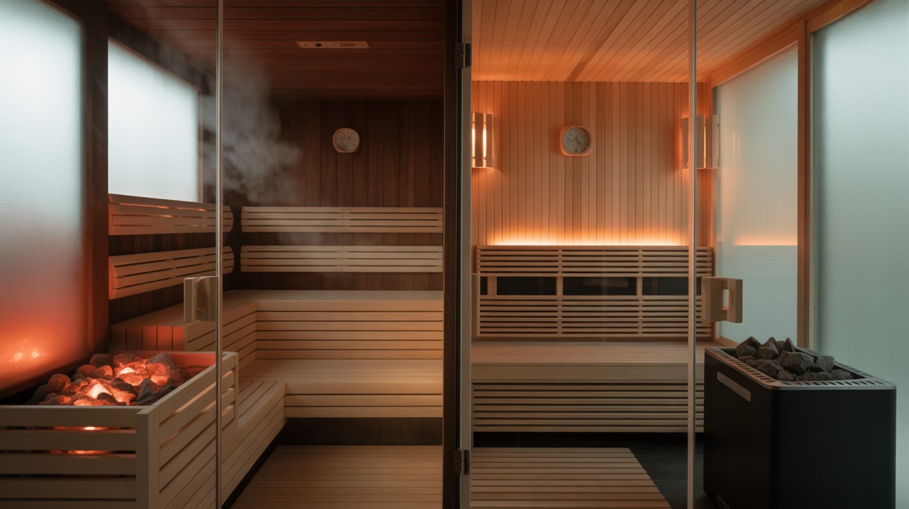 Calm contrast between infrared warmth and traditional sauna heat, creating a balanced, modern wellness ritual.