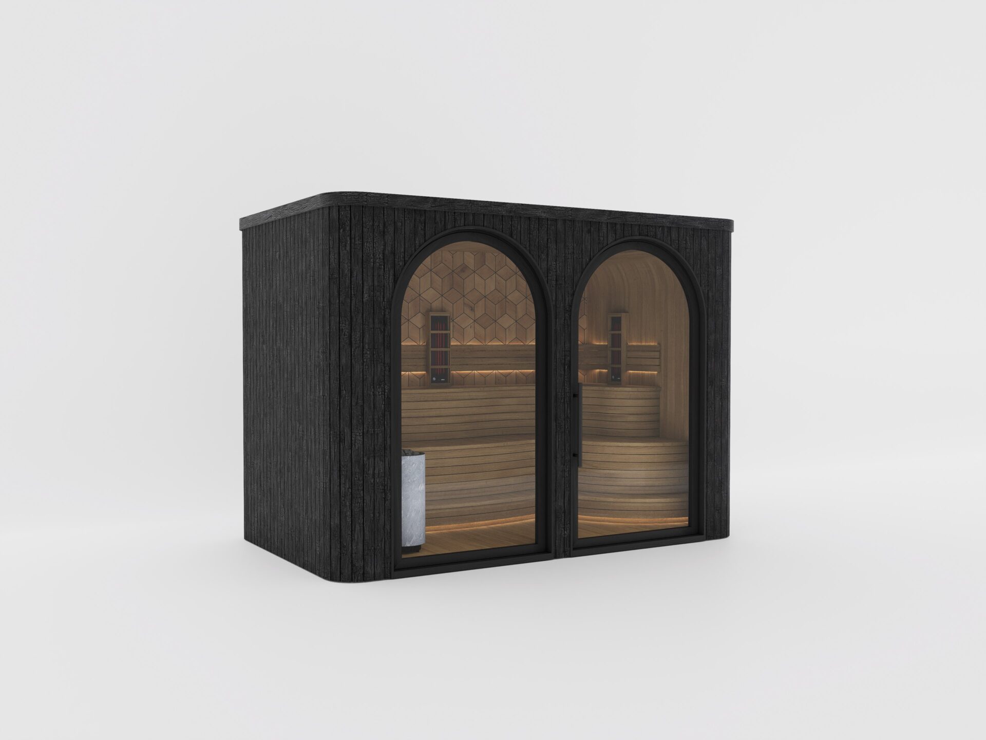 Celsium Arch outdoor thermal sauna in black with arched glass doors